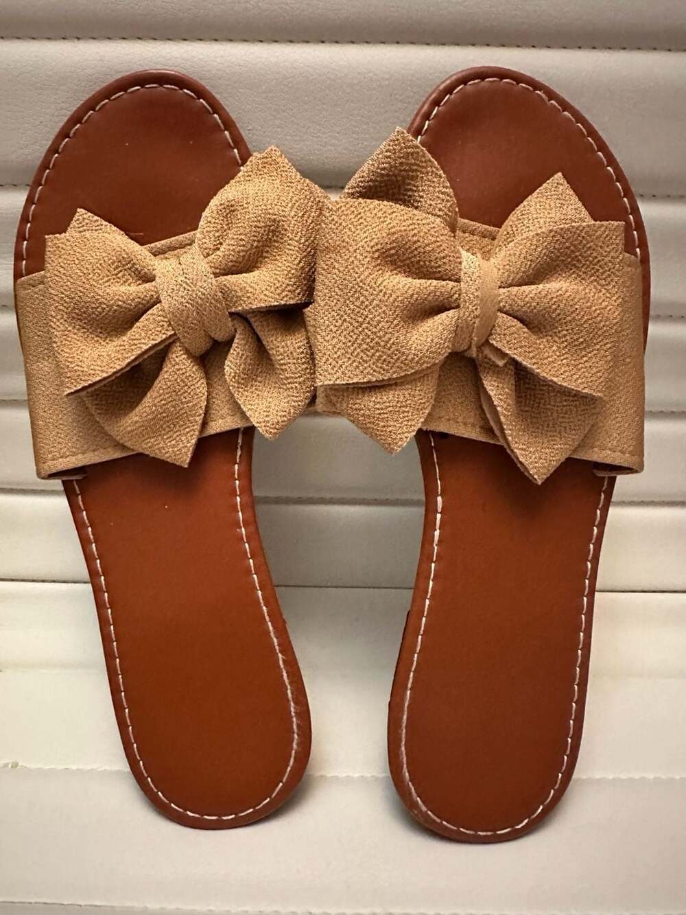 Womens Beige Bowknot Open Toe Flat Slide Sandals Size 40
